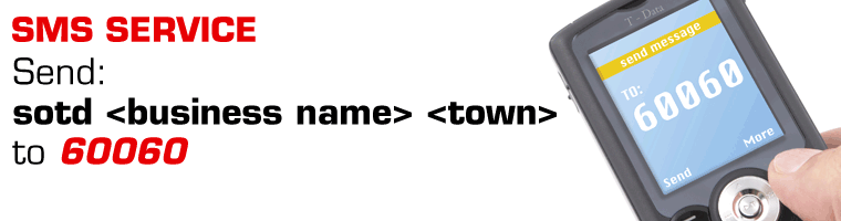 Text: sotd <business name> <town> to 60060